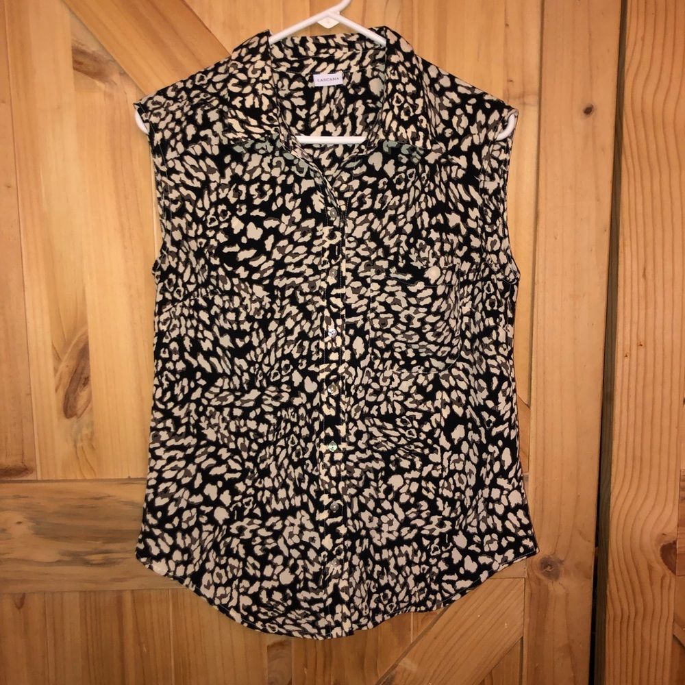 Lascana Sleeveless Black & Cream Print Collared Button-Front Blouse Womens Sz 4